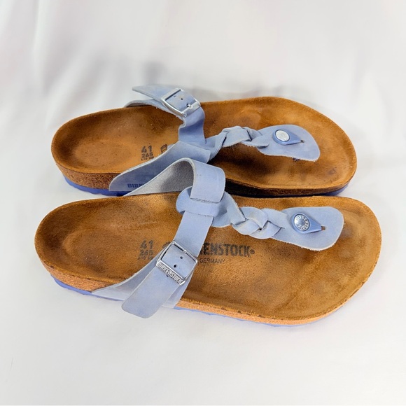 Birkenstock Shoes - Birkenstock Gizeh Tan and Blue Footbed